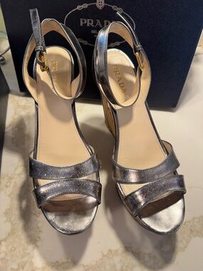 Prada Metallic Silver Leather Wedge Sandals